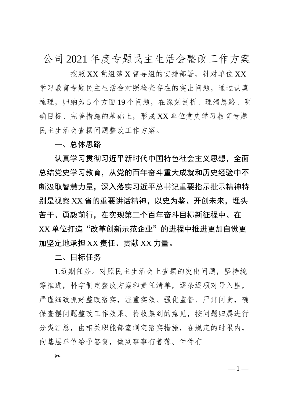 公司20XX年度专题民主生活会整改工作方案.docx_第1页