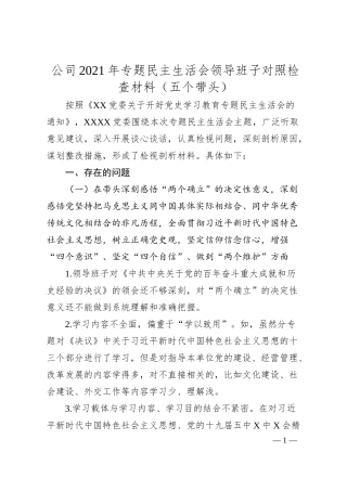 公司20XX年专题民主生活会领导班子对照检查材料（五个带头）.docx
