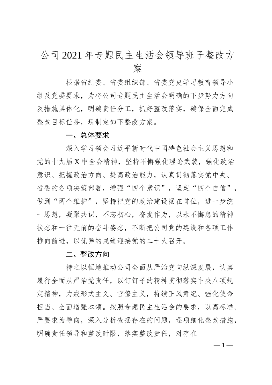 公司20XX年专题民主生活会领导班子整改方案.docx_第1页
