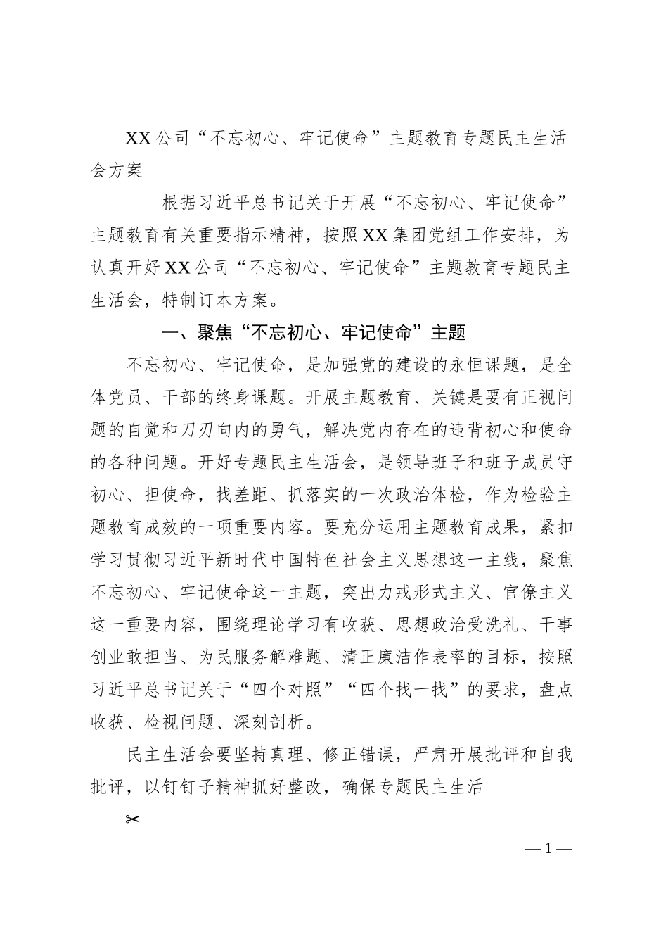 公司不忘初心牢记使命主题教育专题民主生活会方案.docx_第1页
