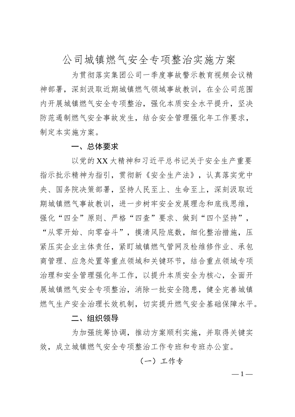 公司城镇燃气安全专项整治实施方案.docx_第1页