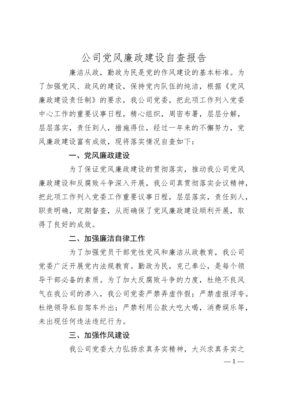 公司党风廉政建设自查报告.docx_第1页