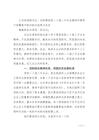 公司党委副书记、总经理党的二十届三中全会精神专题学习班暨集中轮训的交流研讨发言.docx