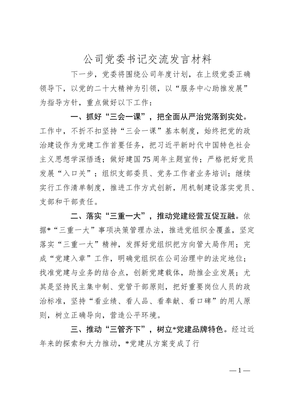公司党委书记交流发言材料.docx_第1页