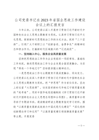 公司党委书记在20XX年省国企思政工作建设会议上的汇报发言.docx