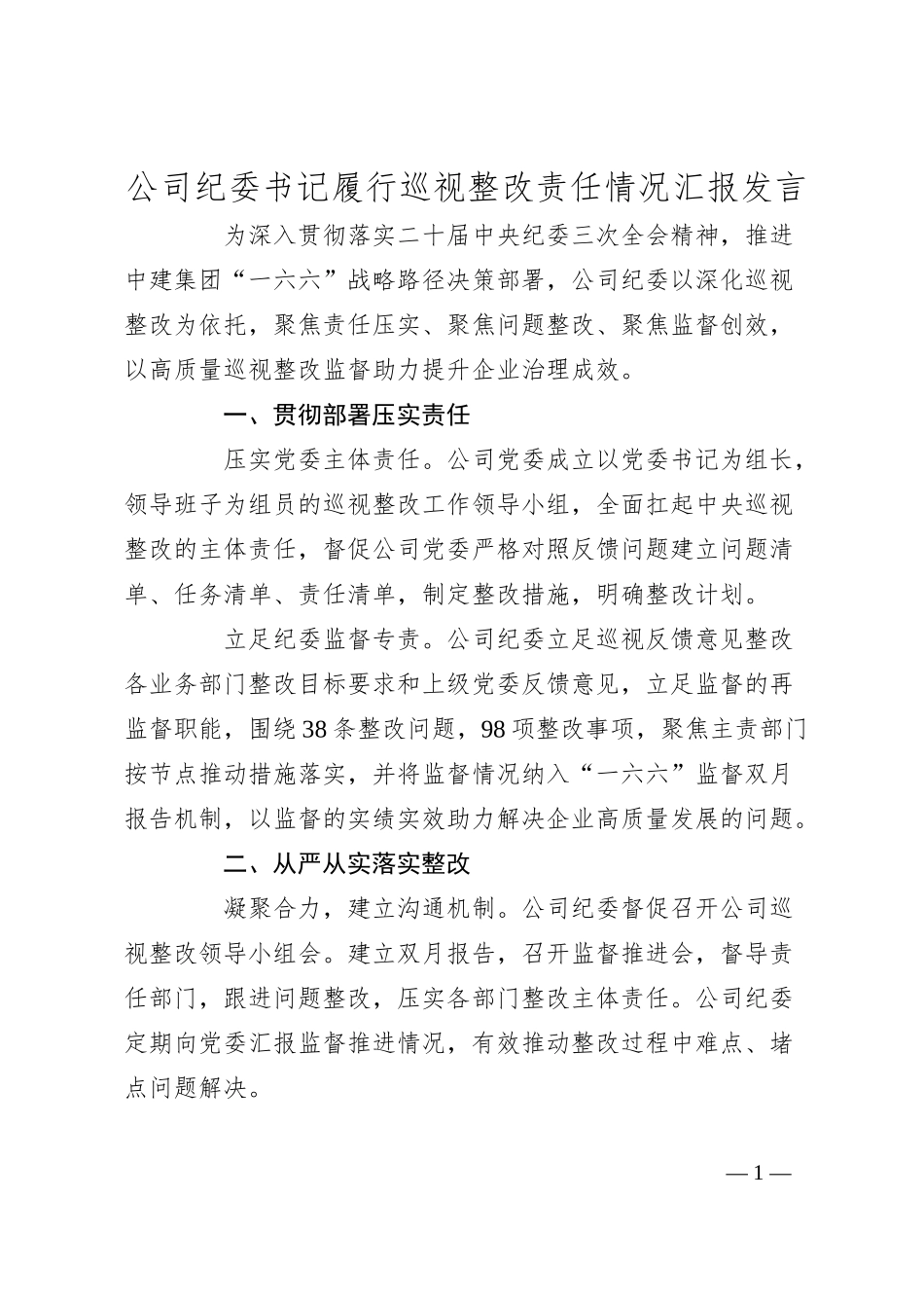 公司纪委书记履行巡视整改责任情况汇报发言.docx_第1页