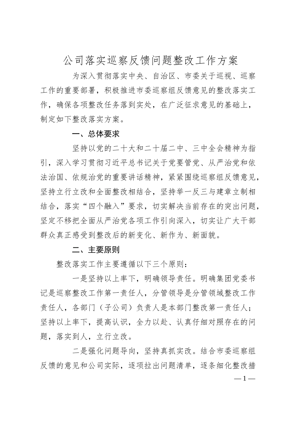 公司落实巡察反馈问题整改工作方案.docx_第1页