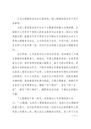 公司主题教育启动会汇报材料：凝心铸魂担使命实干笃行启新程.docx
