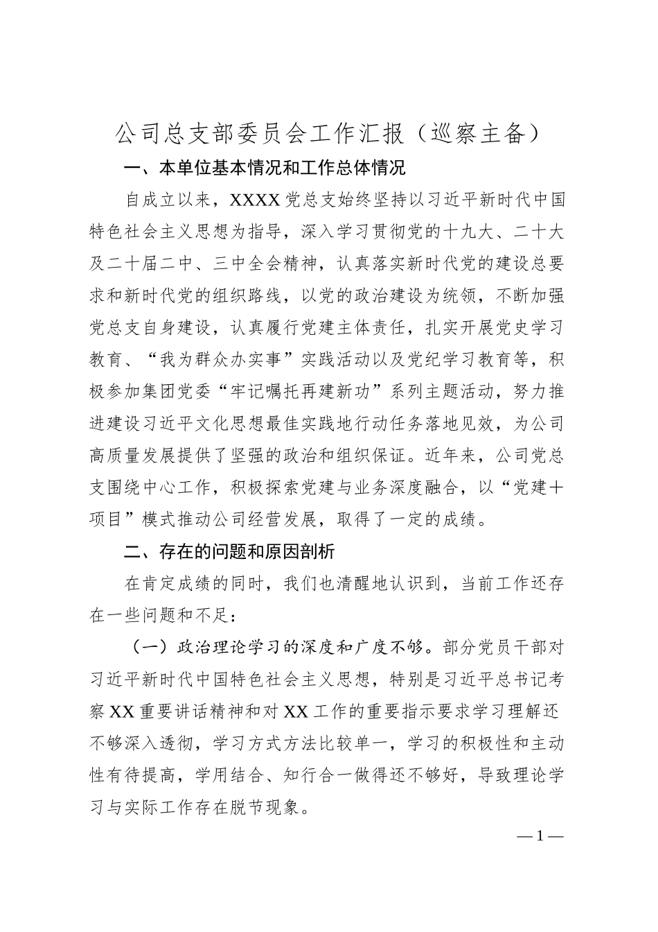 公司总支部委员会工作汇报（巡察主备）.docx_第1页