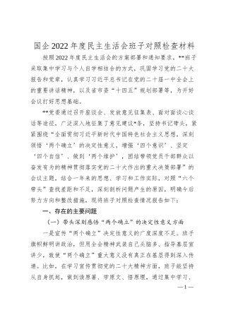 国企20XX年度民主生活会班子对照检查材料.docx
