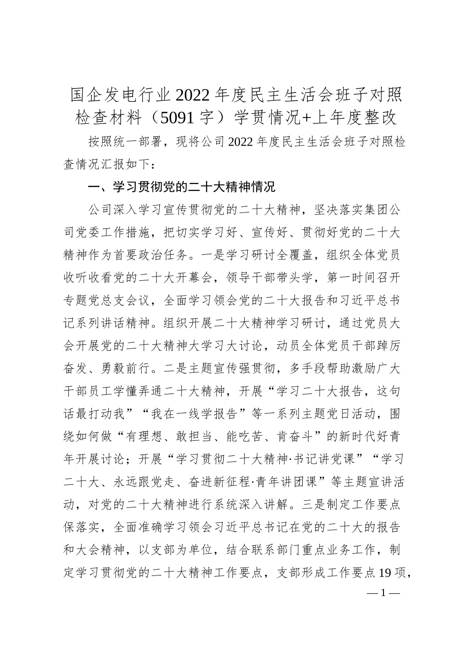国企发电行业20XX年度民主生活会班子对照检查材料.docx_第1页