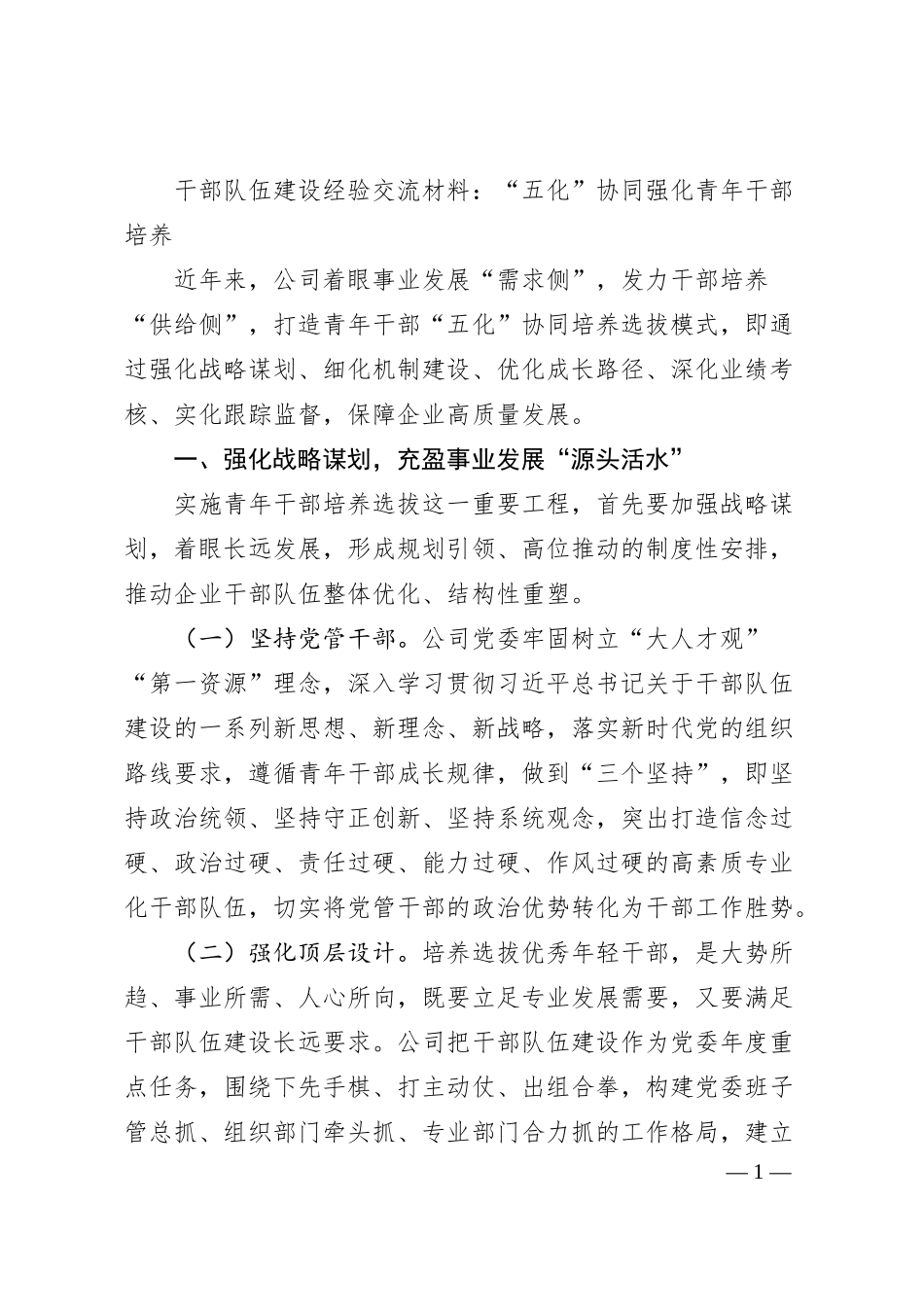 国企干部队伍建设经验交流材料：“五化”协同强化青年干部培养.docx_第1页