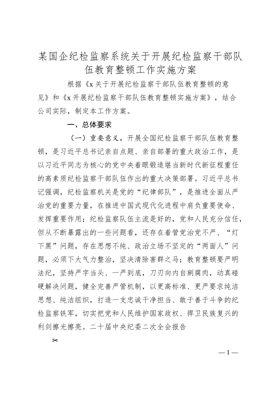 国企公司开展纪检监察干部队伍教育整顿工作实施方案9000字.docx_第1页