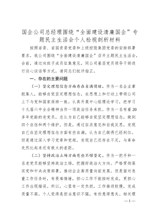 国企公司总经理围绕“全面建设清廉国企”专题民主生活会个人检视剖析材料.docx