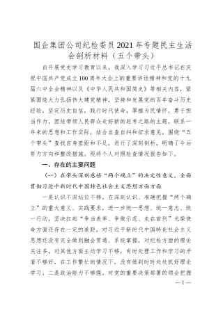 国企集团公司纪检委员20XX年专题民主生活会剖析材料（五个带头）.docx