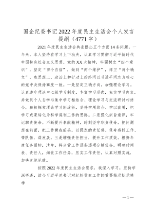 国企纪委书记20XX年度民主生活会个人发言提纲.docx