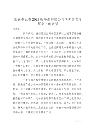 国企书记在20XX新年度加强公司内部管理专题会上的讲话.docx