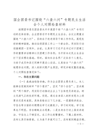 国企团委书记围绕“六查六问”专题民主生活会个人对照检查材料.docx