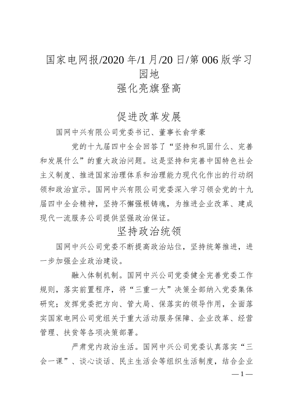国网中兴有限公司董事长俞学豪：强化亮旗登高__促进改革发展.docx_第1页