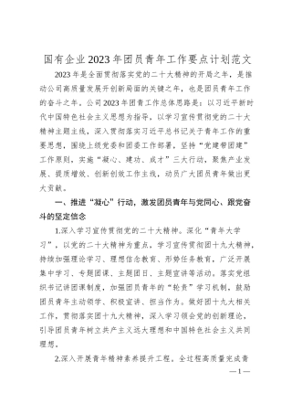 国有企业20XX年团员青年工作要点计划（集团公司共青团）.docx