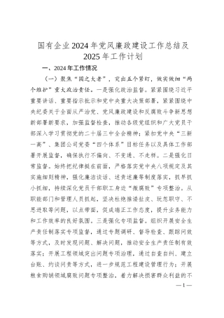 国有企业2024年党风廉政建设工作总结及2025年工作计划.docx