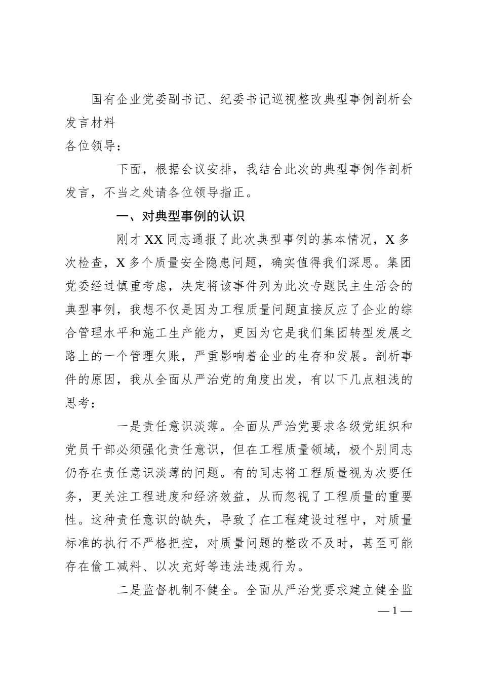 国有企业党委副书记、纪委书记巡视整改典型事例剖析会发言材料.docx_第1页