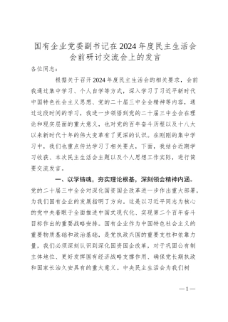 国有企业党委副书记在2024年度民主生活会会前研讨交流会上的发言.docx