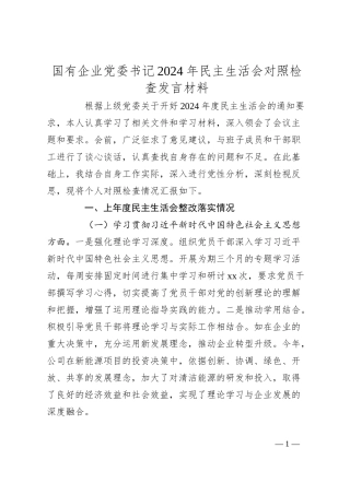 国有企业党委书记2024年民主生活会对照检查发言材料（上年度整改落实情况）.docx