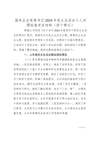 国有企业党委书记2024年民主生活会个人对照检查发言材料（四个带头）.docx