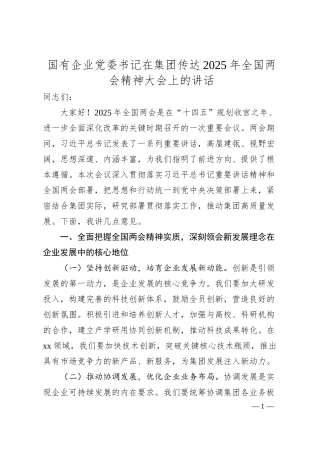国有企业党委书记在集团传达2025年全国两会精神大会上的讲话.docx