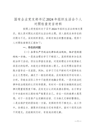 国有企业党支部书记2024年组织生活会个人对照检查发言材料（四个带头）.docx