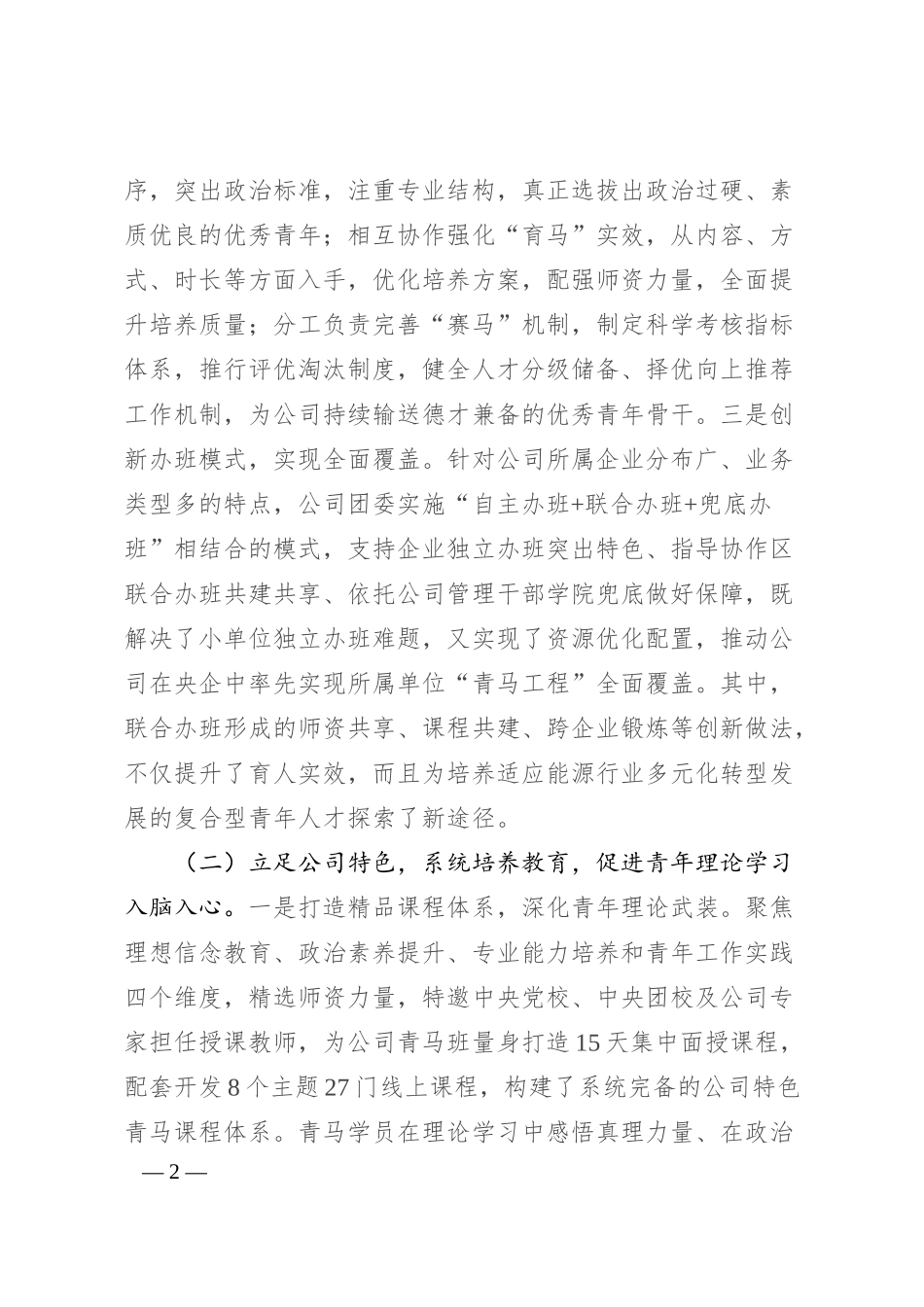 国有企业关于推进“青马工程”强化青年干部培养工作情况的报告.docx_第2页
