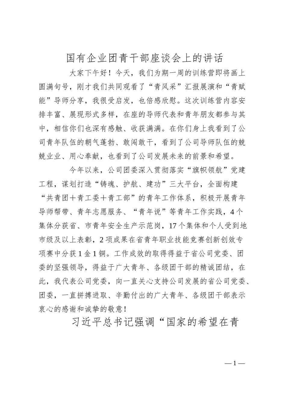 国有企业团青干部座谈会上的讲话.docx_第1页