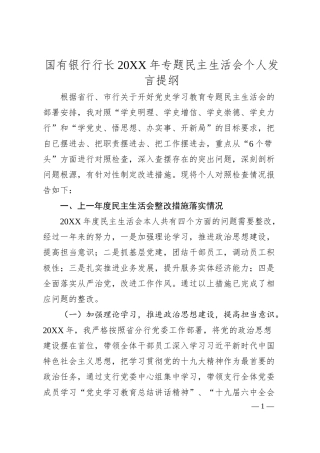 国有银行行长20XX年专题民主生活会个人发言提纲.docx