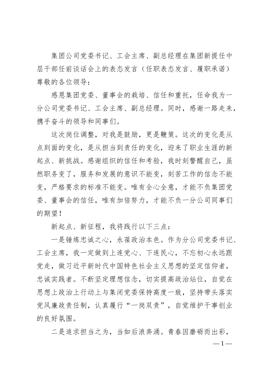 集团公司党委书记、工会主席、副总经理在集团新提任中层干部任前谈话会上的表态发言（任职表态发言、履职承诺）.docx_第1页