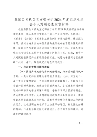 集团公司机关党支部书记2024年度组织生活会个人对照检查发言材料.docx
