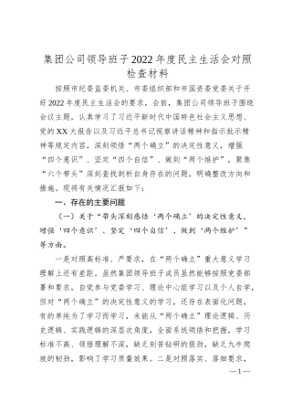 集团公司领导班子20XX年度民主生活会对照检查材料.docx