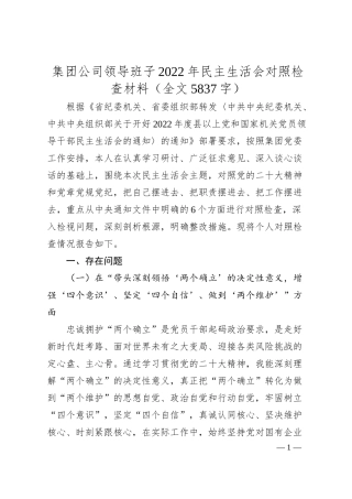 集团公司领导班子20XX年民主生活会对照检查材料（全文5837字）.docx
