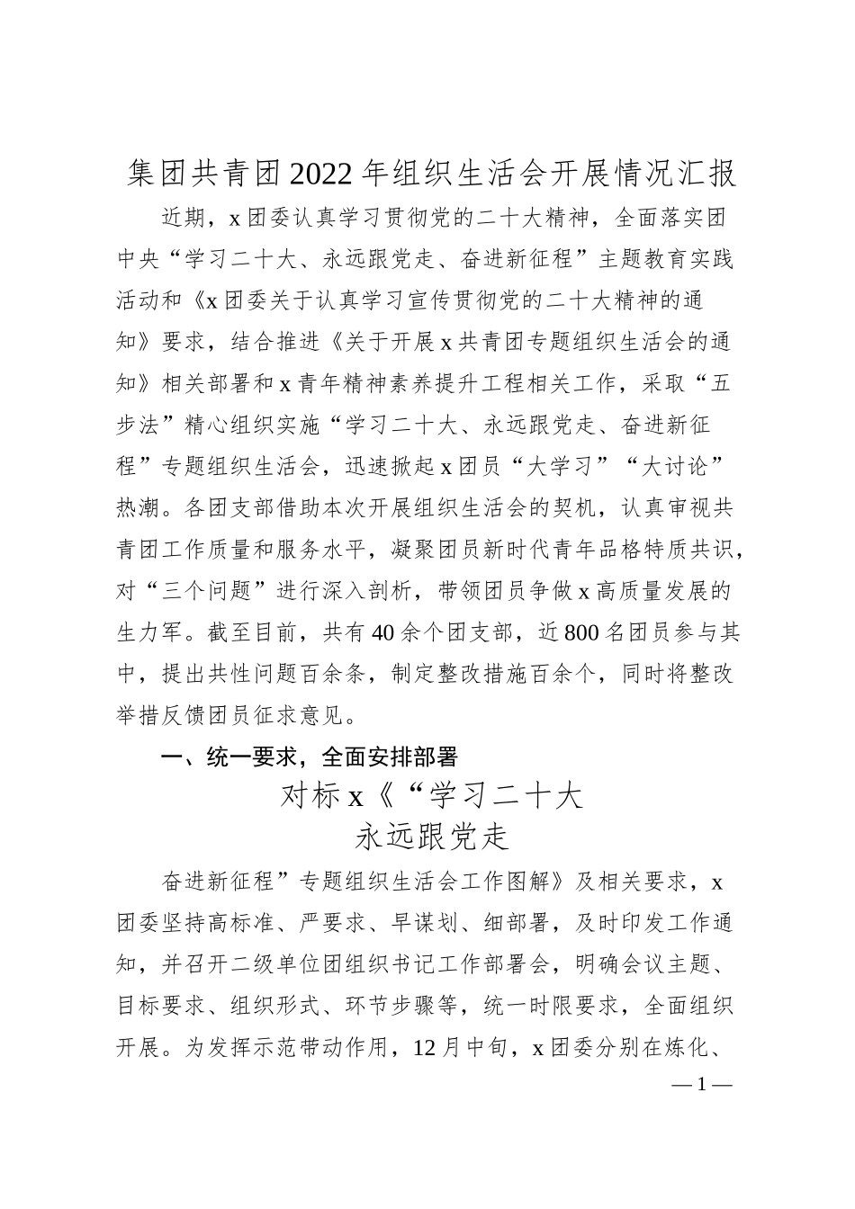 集团共青团20XX年组织生活会开展情况汇报.docx_第1页