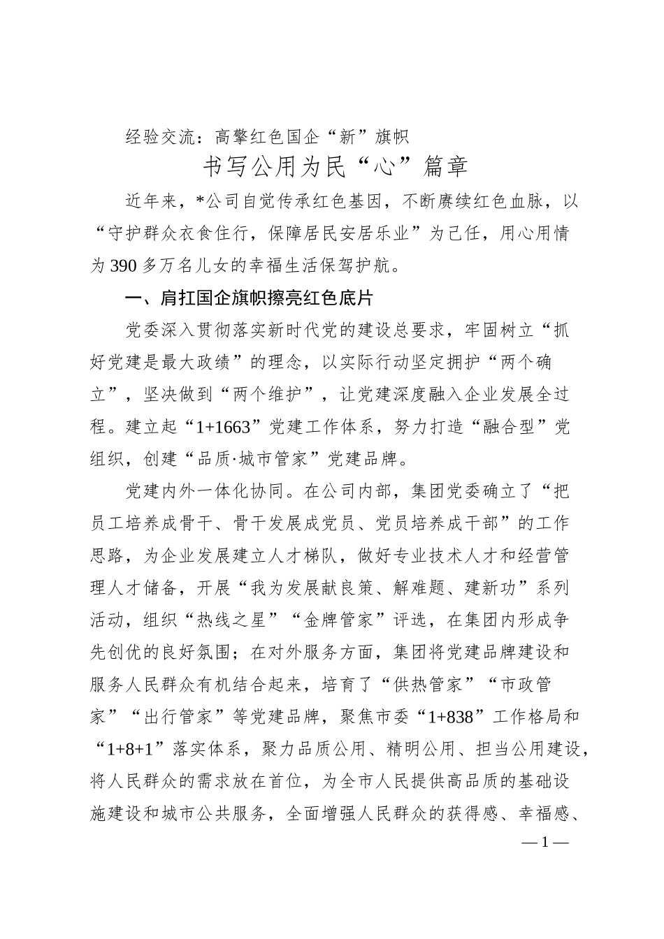 经验交流：高擎红色国企“新”旗帜 书写公用为民“心”篇章.docx_第1页