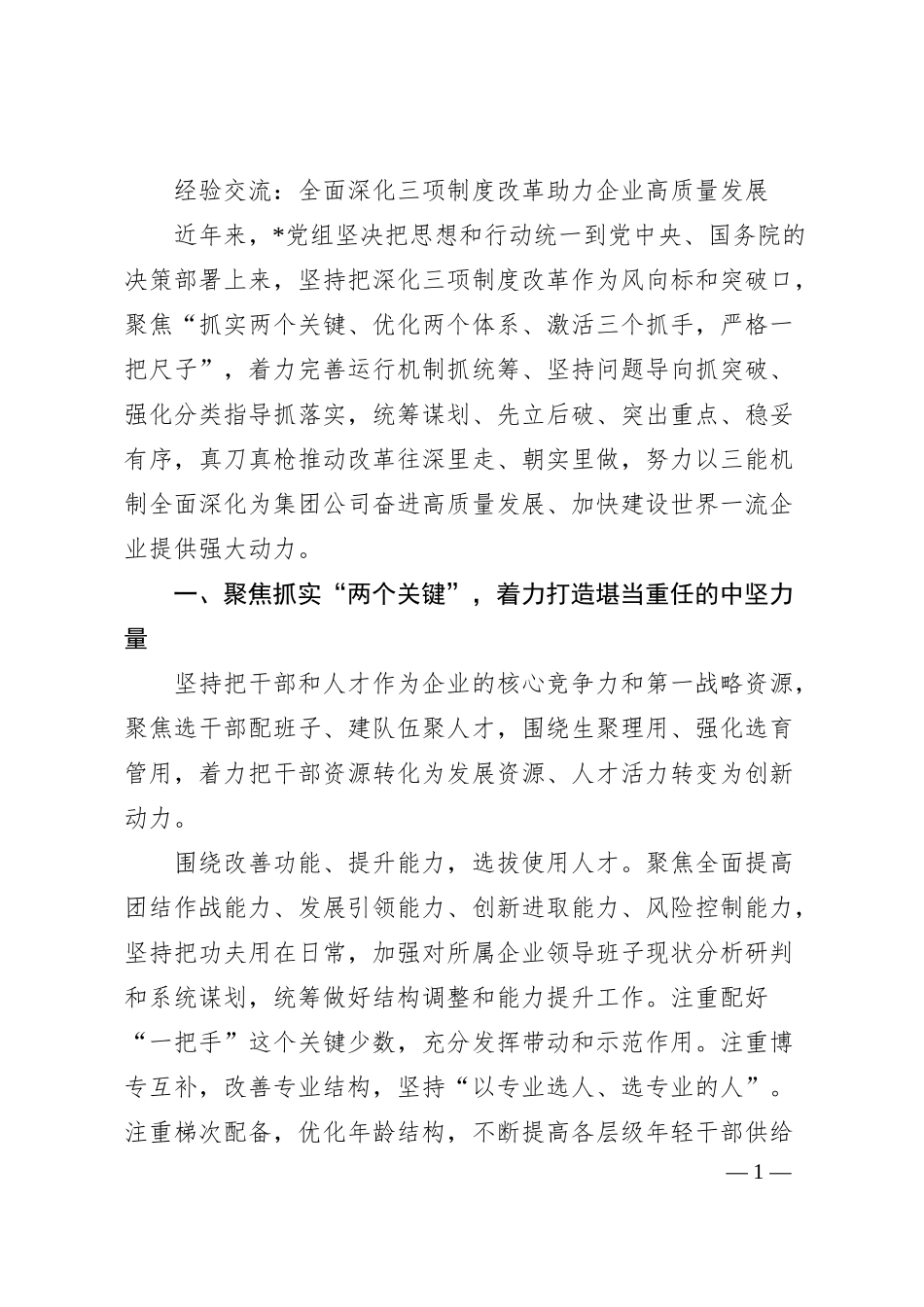 经验交流：全面深化三项制度改革 助力企业高质量发展.docx_第1页