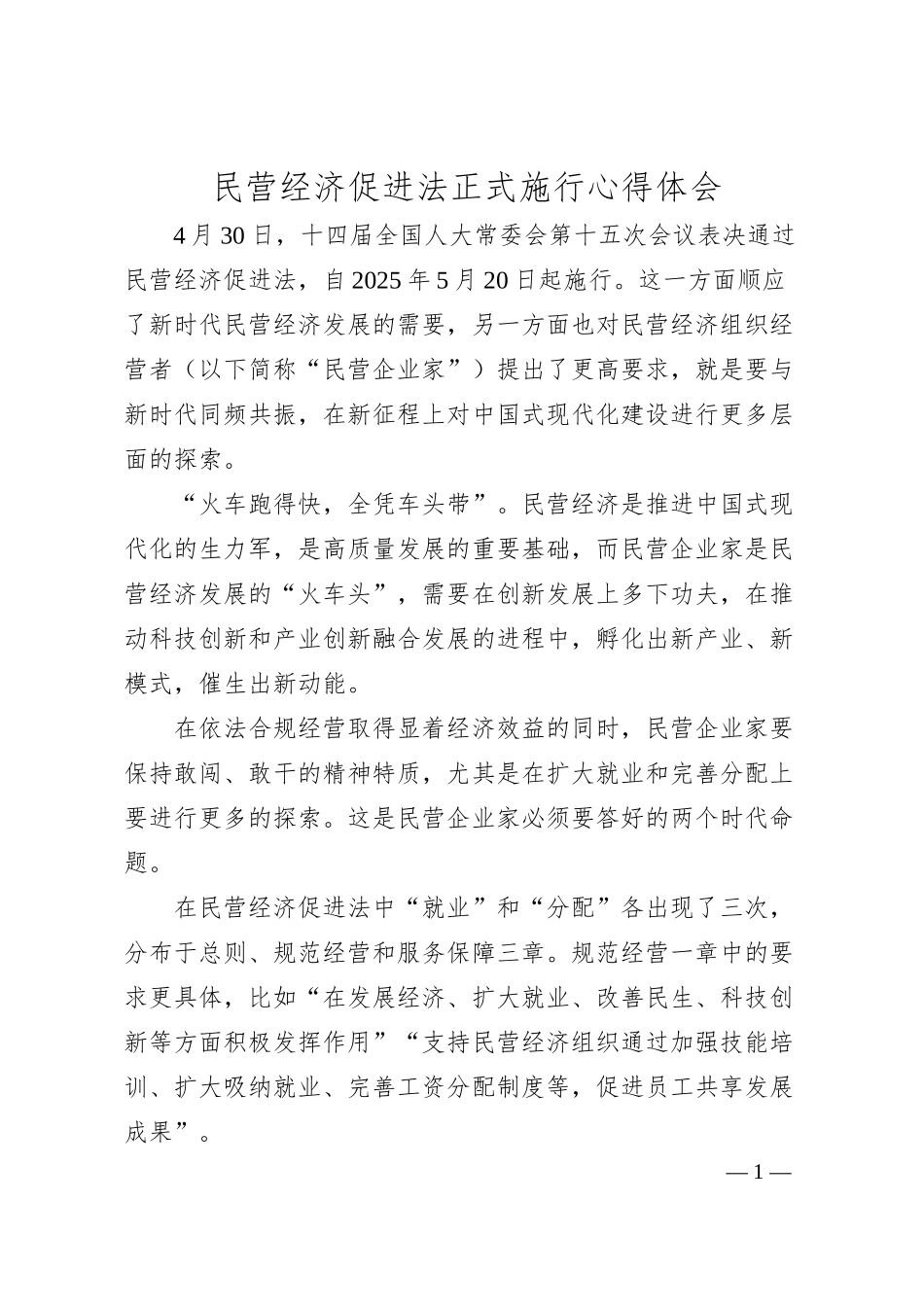 民营经济促进法正式施行心得体会.docx_第1页