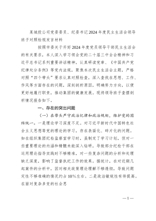 某城投公司党委委员、纪委书记2024年度民主生活会领导班子对照检视发言材料（四个带头+典型案例剖析及自身差距不足）.docx