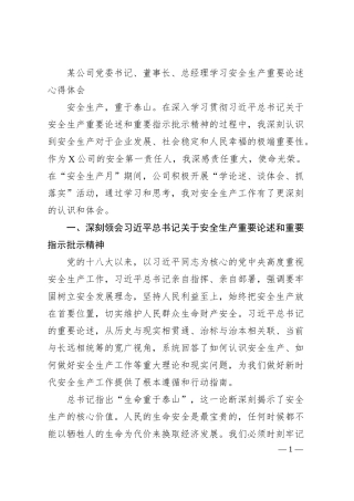 某公司党委书记、董事长、总经理学习安全生产重要论述心得体会.docx