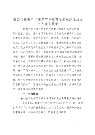 某公司党委书记党史学习教育专题组织生活会个人发言提纲.docx