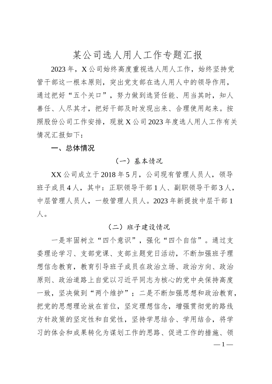 某公司选人用人工作专题汇报.docx_第1页