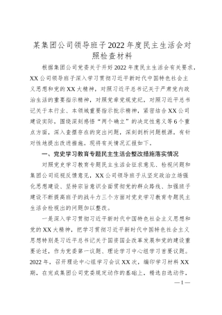 某集团公司领导班子20XX年度民主生活会对照检查材料.docx