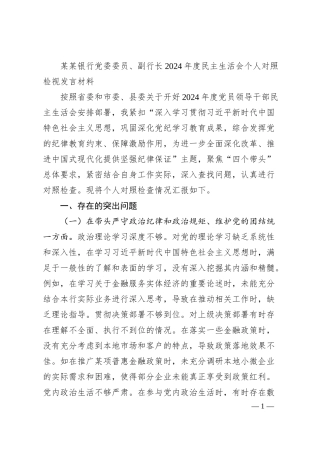 某某银行党委委员、副行长2024年度民主生活会个人对照检视发言材料.docx