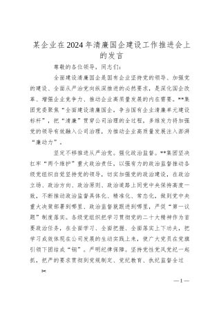 某企业在2024年清廉国企建设工作推进会上的发言.docx