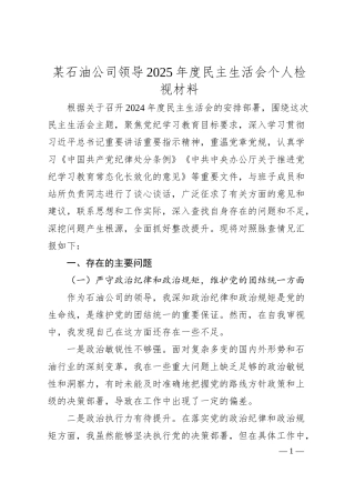 某石油公司领导2025年度民主生活会个人检视材料.docx
